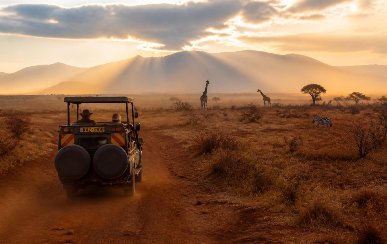 Safari vehicle on a dusty Tsavo track at dawn with giraffes and zebra in the distance