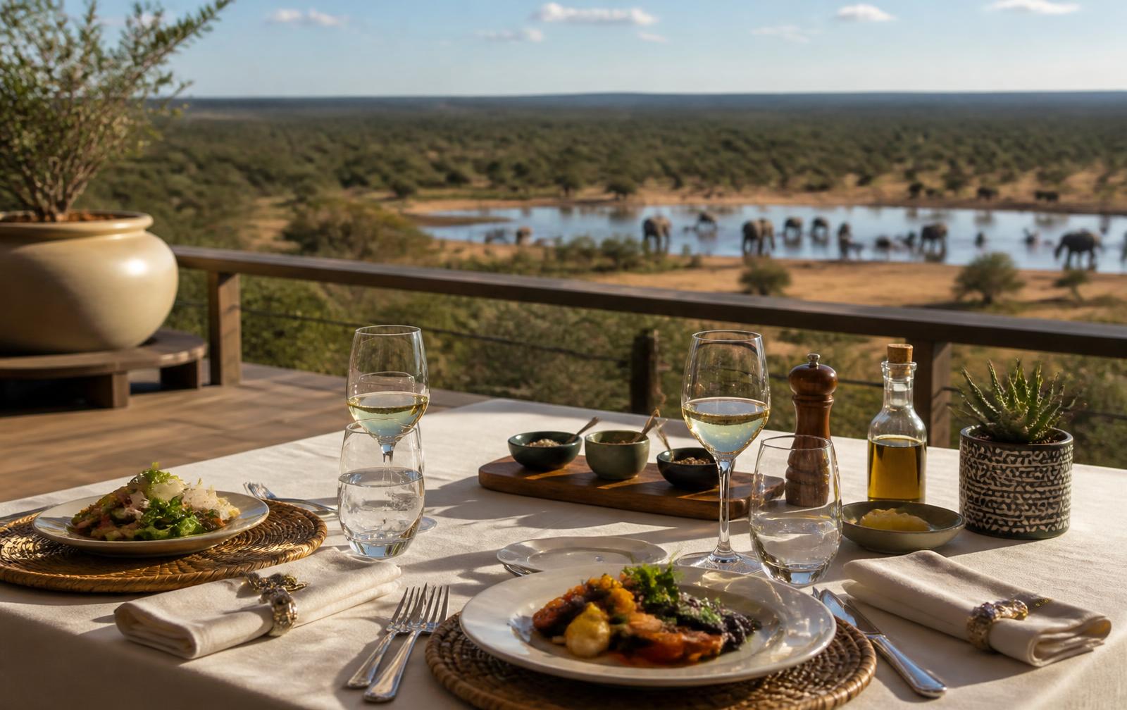 Rooftop lunch table at Salt Lick overlooking a waterhole with elephants